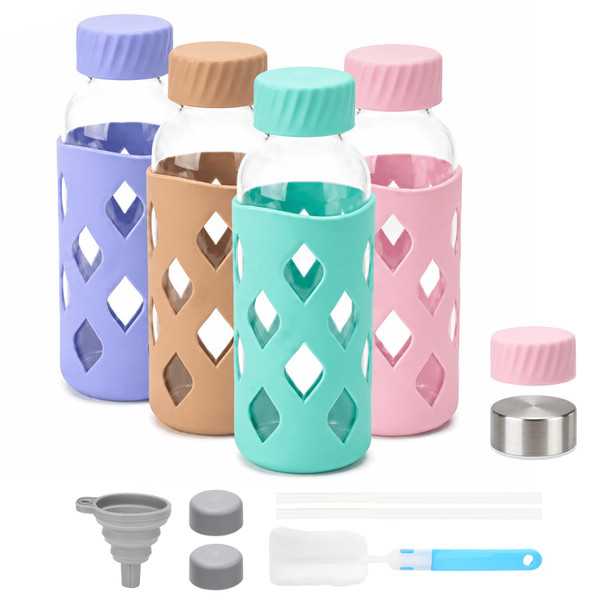 Zukro 16 oz Glass Water Bottles with Protective Silicone Sleeve Leak Proof
