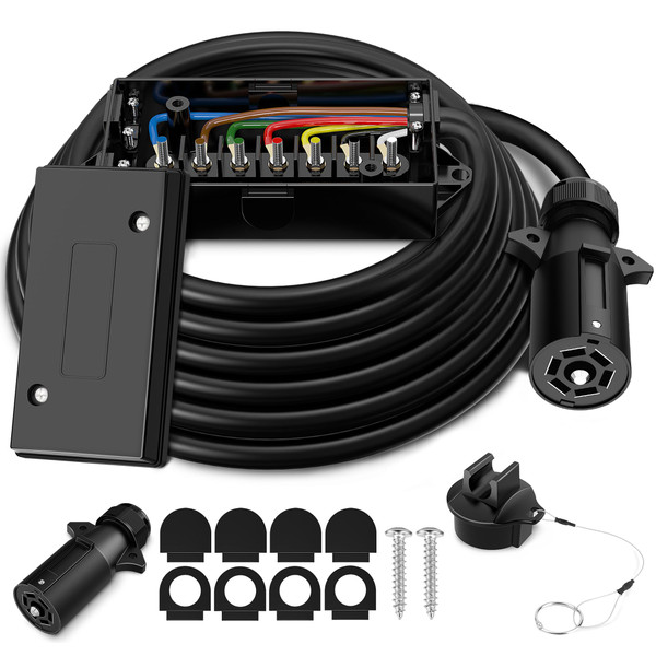 8Ft 7 Way Trailer Plug with Junction Box,7 Pin Trailer Wiring Harness
