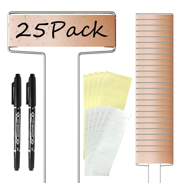 25PCS 10" Copper Metal Plant Tags Plant Labels with 50Pcs Labels, Rainproof PET Film & 2 Permanent Pen, Weatherproof Banner Garden Markers, Marking Protection Seedling Signs Nursery Tags