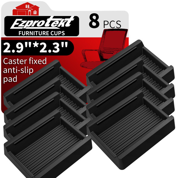 Ezprotekt Rectangle Rubber Caster Cups, 8 Pcs Non Slip Furniture Pads, 2.9" x 2.3" Anti-Slip Furniture Gripper, Furniture Stoppers to Prevent Sliding, Wheel Stoppers for Rolling Furniture (Black)