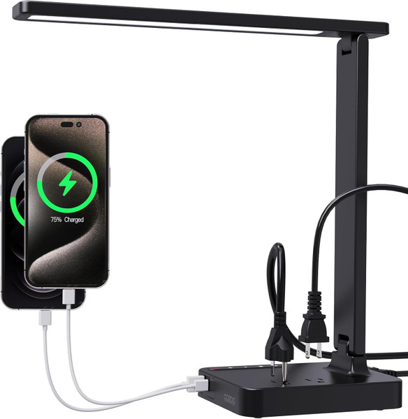 cozoo LED Desk Lamp for Dorm Office, USB-C & 2 AC Outlets Charging, Black