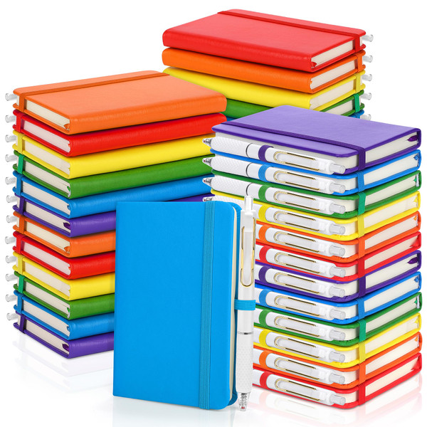 Aneco 50 Sets Pocket Notebook Journals with Pens, A6 Mini Hardcover PU Leather Lined Notebooks 3.5 x 5.5 Inch College Ruled Notepad With Pen Holder for Office School Supplies, Rainbow Color