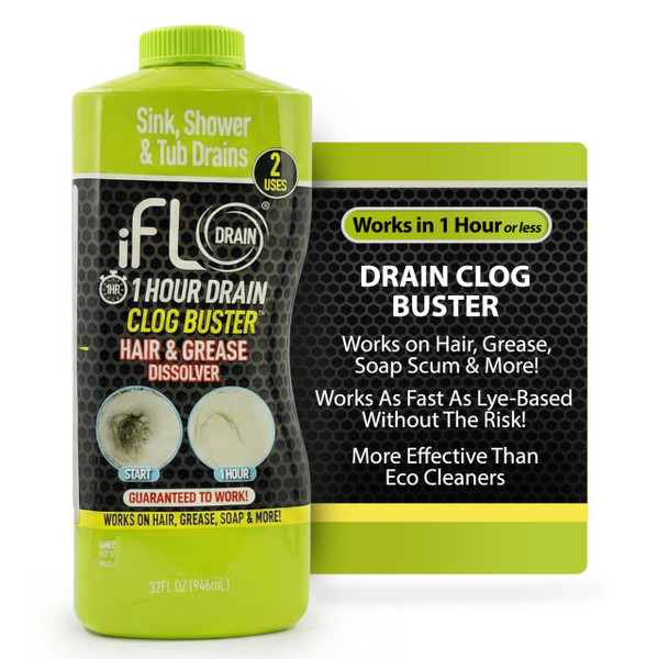 iFLO 1-Hour Drain Clog Buster, Hair & Grease Dissolver (1 Pack of 32oz)