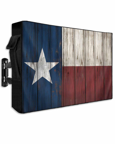 Lsrtoss Western Texas Star Outdoor TV Cover 60-65 Inch Weatherproof, Country Enclosure With Zipper & Roll Up Front Flap, Blue White Red Wood Waterproof for Outside Flat Screen