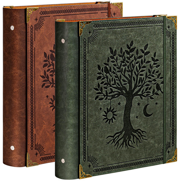 OVESMUSL 2 Pack PU Leather 3 Ring Binder, 2 Inch Green Brown