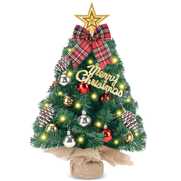 DEVONWIDE Prelit Mini Christmas Tree Tabletop with LED Lights, 2ft Artificial Xmas Tree with Treetop Star and Hanging Ornaments Small Christmas Trees Decoration for Home Cafe Office Desk, Green
