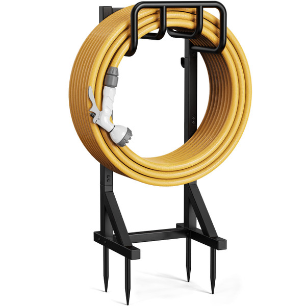 Garden Hose Holder Stand, Freestanding Heavy Duty Metal Hose Holder with Stable Base and Tool Hooks, Rustproof Water Hose Storage Rack for Outside Yard Lawn