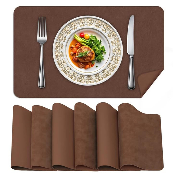 BLESWIN Faux Leather Placemats, Set of 6, 12×17 Inch -Double Side Texture Color Table Mats, Heat-Resistant, Waterproof and Oil-Resistant, Suitable for Dining Room, Kitchen, Party, Outdoor - Brown