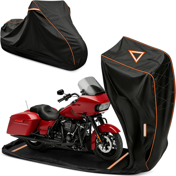 COVERVIN Full Enclosed Motorcycle Cover, 600D Heavy Duty Waterproof Motorcycle Cover, Outdoor UV Protection with Reflective Strips, Fits 108" Harley Honda Yamaha Suzuki, Cruiser, Touring Black
