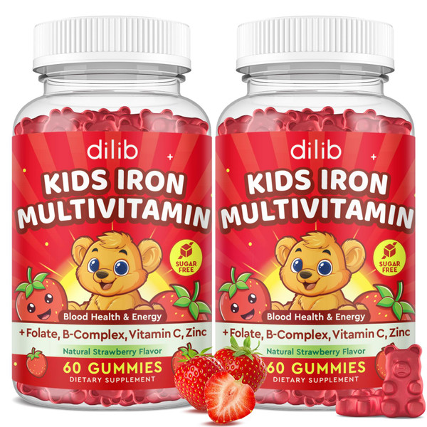 Iron Supplement Gummies for Kids, Kids Multivitamin with Iron Gummies - Zinc, Vitamin B Complex, A, C, D3, B12, Folate for Blood Builder & Energy Support, Iron Deficiency, Vegan Strawberry 120ct
