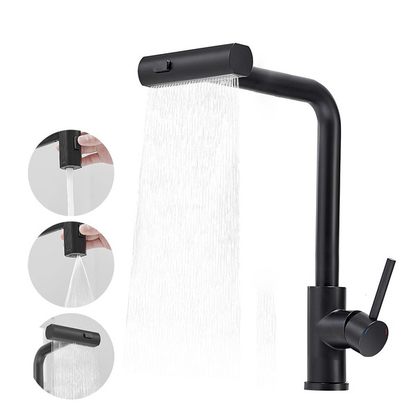 OWOFAN Kitchen Faucet with Pull Down Sprayer Black Waterfall Single Hole Single Handle Stainless Steel Kitchen Sink Faucets