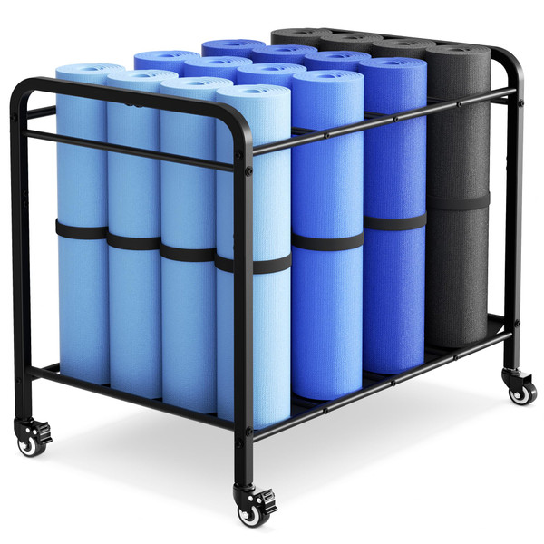Heavy-Duty Rolling Yoga Mat Storage Cart, Holds 16+ Mats, Commercial-Grade Floor-Standing Metal Yoga Mat Rack for Gym,Fitness Classes, Yoga Studio & Home Gym, Black