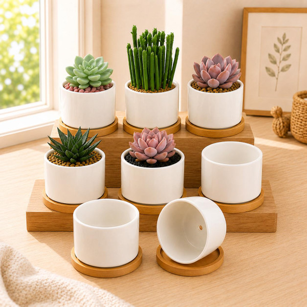 ZOUTOG 8 Pack 3.1" Ceramic Succulent Pots,White Planter with Drainage Tray