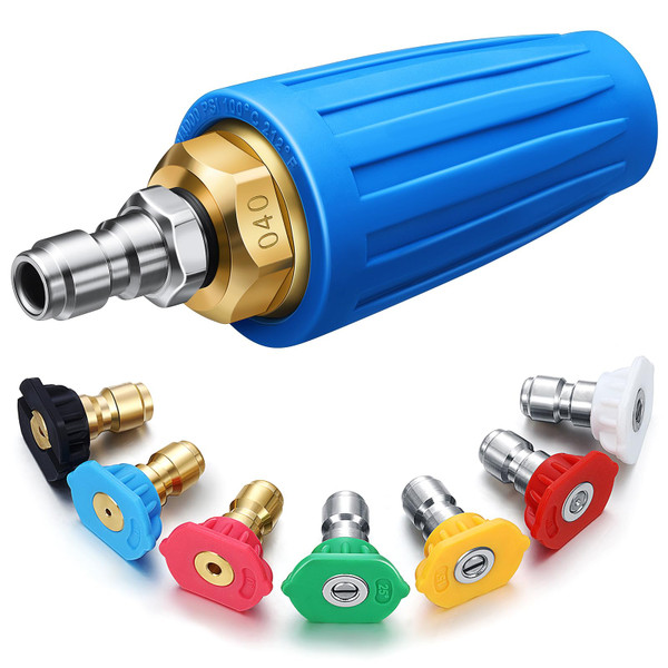 MorningRo 4000 PSI Pressure Washer Rotating Turbo Nozzle 4.0 Gpm Quick Connector Turbo Nozzle with 7 Pieces Spray Tips Kit Multiple Degrees (0, 15, 25, 40, 65 Degrees, Rinse1, Soap2), Blue