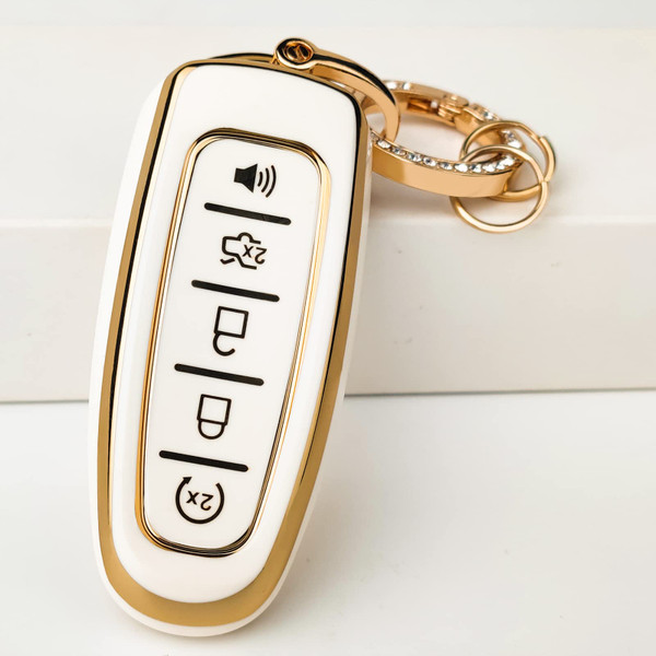 OLLEN TPU Key Fob Cover Fit for Ford C-Max Edge Escape Expedition Explorer Flex Focus Taurus Lincoln MKS MKT MKX Navigator, Full Protection Soft TPU Key Case, with Bling Key Ring, White