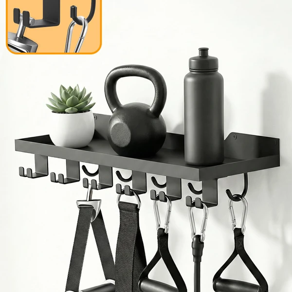 SSNEWOG Floating Shelf Organizer Compatible with Tonal Accessories,16.9x6Home Gym Weight wall Storage Equipment Hanger, Metal Rack Holder Wall Mount with 5 T-Lock Brackets & Hooks Hanger (Black)