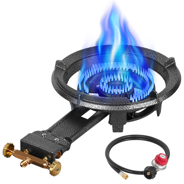 Llamaviva 90,000 BTU Portable Propane Burner Stove Cast Iron Single Burner for Outdoor Wok Cooking 0-20 PSI Adjustable Regulator & 4 ft Hose - Lightweight & Easy to Carry for Camping