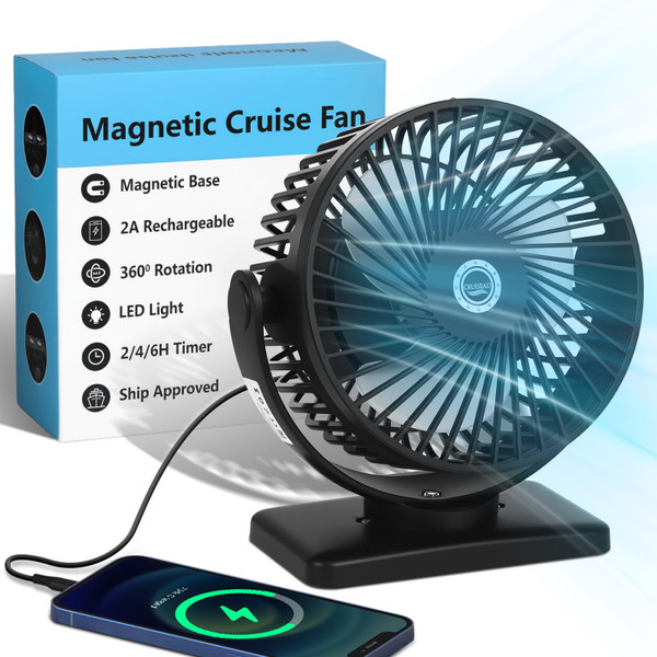 6 Inch Magnetic Cruise Fan – 12000mAh Rechargeable Portable Fan with Strong Magnet Base, LED Light, 360° Rotation Head, Timer&Power Output, Perfect Cruise Essentials for All Major Cruises