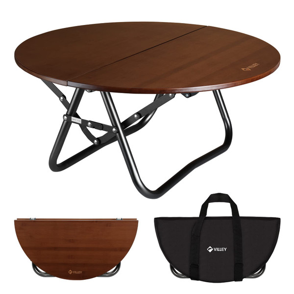 VILLEY Bamboo Folding Camping Table, 24" Round Card Table with Carry Bag