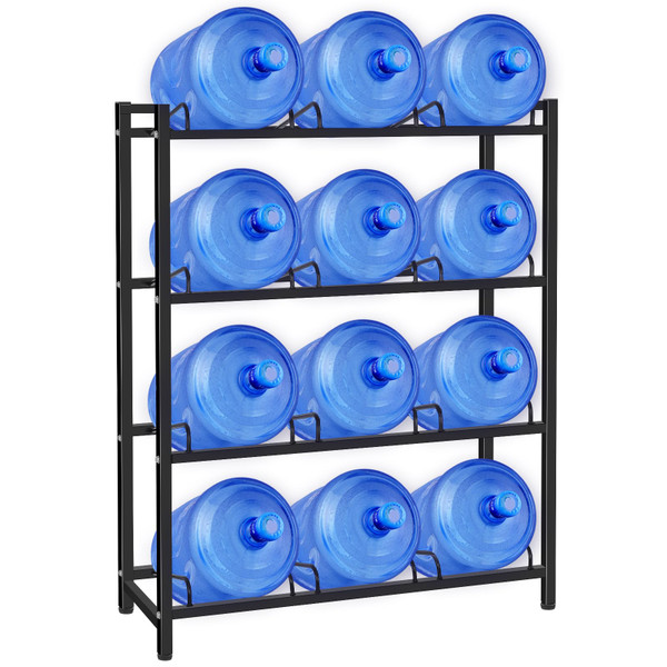 jolybebe 5 Gallon Water Jug Holder for 12 Bottles Without Wobbling, New Upgraded Heavy Duty 4 Tier Thicken Water Bottle Storage Rack for Home, Office, Kitchen, Warehouse, Garages Black