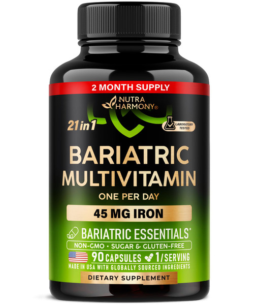 Bariatric Multivitamin - 45 mg Iron Supplements - Made in USA - for Women & Men - All-in-One, 21 Essential Vitamins - Gastric Sleeve Support - Free of Sugar, Gluten & Soy - 90 Capsules, Once Daily Bariatric Multivitamin - 45 mg Iron Supplements - Made in USA - for Women & Men - All-in-One, 21 Essential Vitamins - Gastric Sleeve Support - Free of Sugar, Gluten & Soy - 90 Capsules, Once Daily