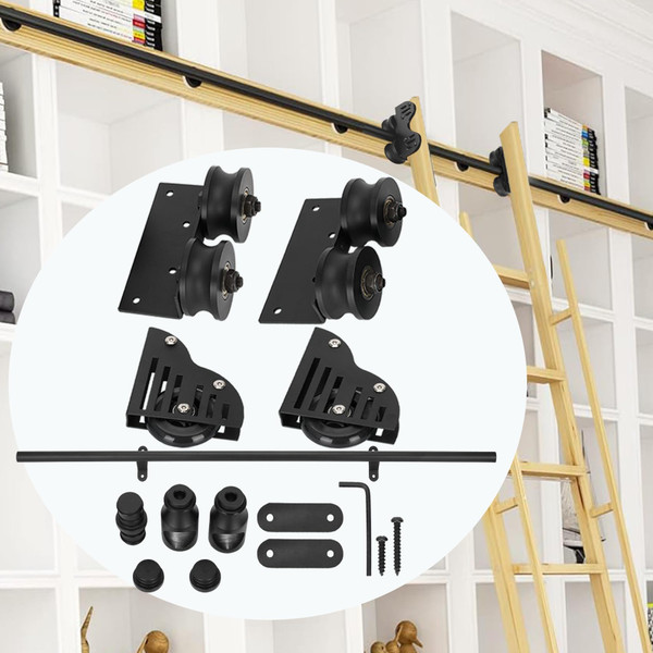 9.9FT Sliding Library Ladder Hardware 350lb Capacity, Heavy Duty Carbon Steel Rolling Ladder Hardware, PU Silent Bottom Wheel with Brake No harm to Floors and Carpets
