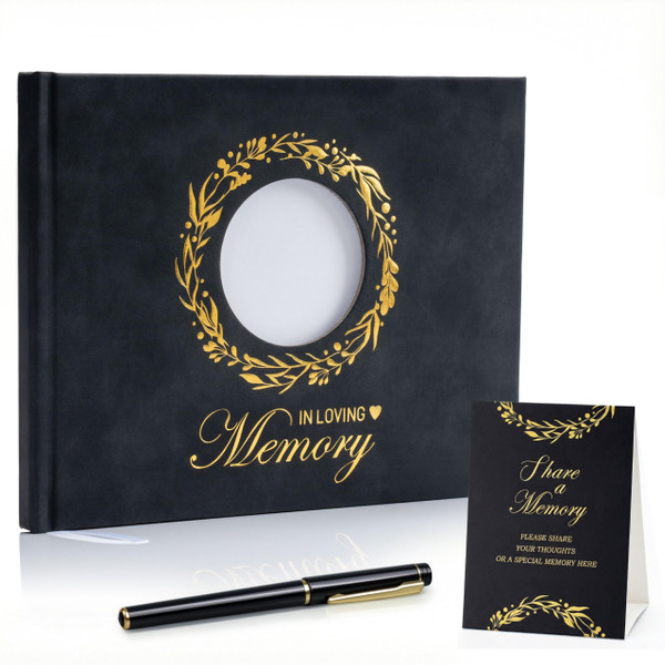 ArtSocket Funeral Guest Book for Memorial Black Leather with Gold Foil