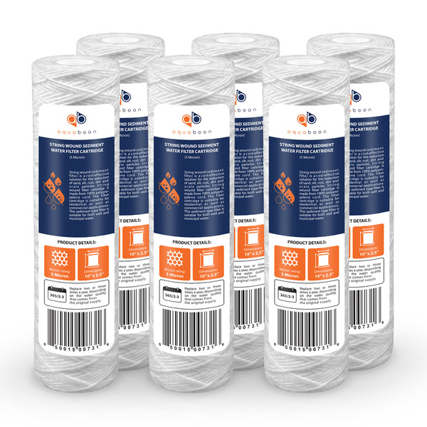 Aquaboon Whole House 5 Micron 10 x 2.5 String Wound Sediment Water Filter Cartridge Replacement Compatible with Well Water Filter WHKF-WHSW, 6-Pack