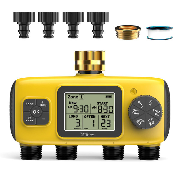 TRJZWA 4 Zone Water Timer for Garden Hose, 4 Outlets Sprinkler Timer Kit