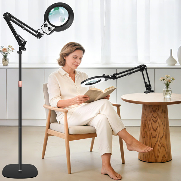 KIRKAS 12X 30X Magnifying Floor Lamp, 11.2in Stable Base Magnifier Black