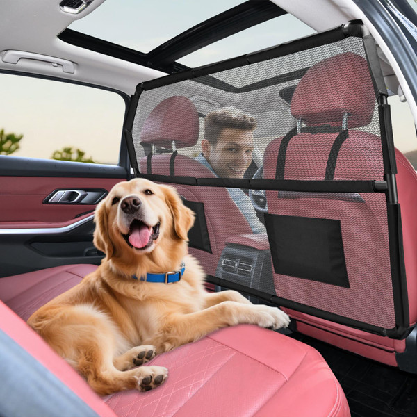 ROUWINNE Dog Barrier for SUV, 50" Dog Car Barrier Behind Front Seat, Escape-Proof Back Seat Divider & Cargo Area Gate, Durable Dog Net for Car, Safety Mesh Pet Restraint