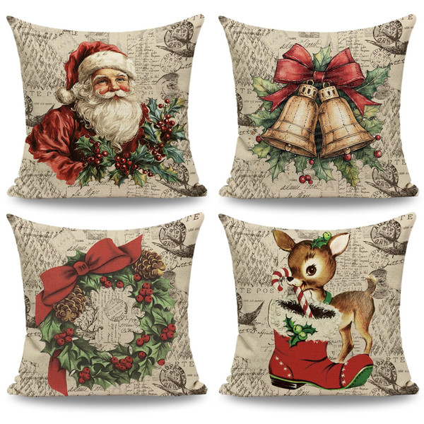 JOJOGOGO Vintage Christmas Decor Throw Pillow Covers 18x18 Set of 4, Rustic Santa Claus Reindeer Decorative Pillows for Home Couch Bed, Farmhouse Western Christmas Pillow Covers, Retro Neutral Decor