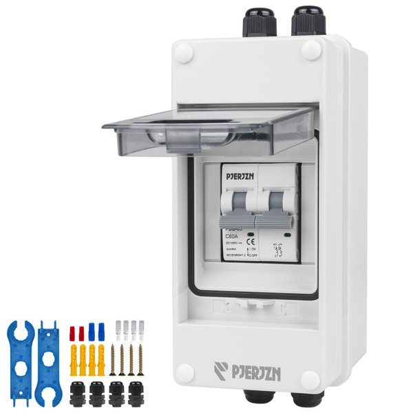 Pjerjzn Solar Panels Disconnect Switch 60A 1000VDC PV Shut Off Switch Outdoor Circuit Breaker Box IP65 Waterproof UV-Proof