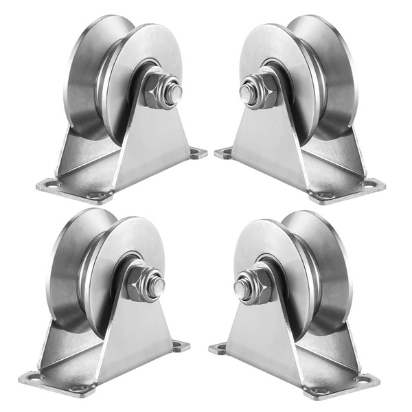 Stainless Steel V Groove Roller Gate Track Roller Heavy Duty Sliding Gate Wheels Double Bearing Garage Door Pulley Solid Bracket Plate Casters for Rolling Gate Industrial Machines