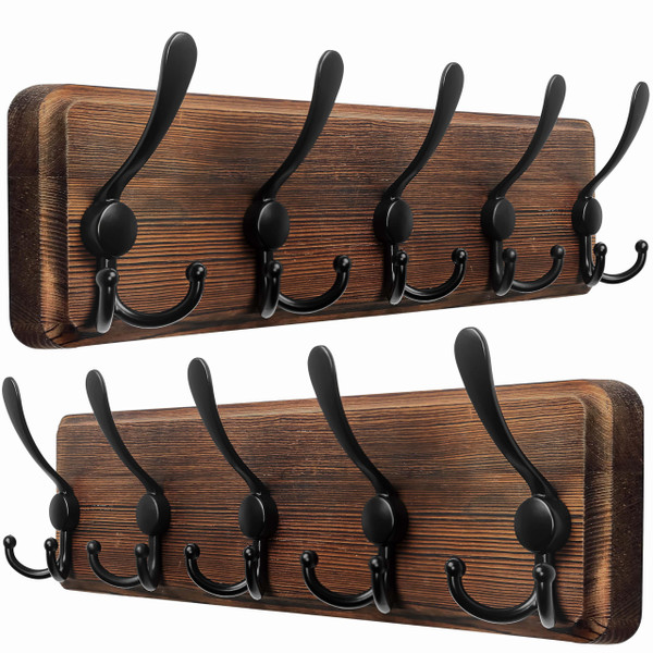 Dseap Coat Rack Wall Mounted - 5 Tri Hooks, Heavy Duty, Wooden Wall Coat Hanger Coat Hook for Clothes Hat Jacket Clothing, Natural & Black, 2 Packs