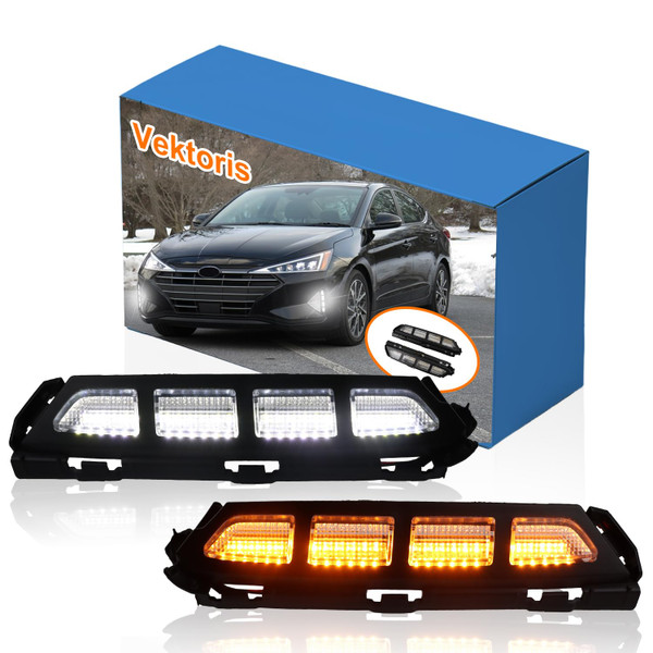 Vektoris LED Front Bumper Fog Lights for Hyundai Elantra 2019 2020 - (L+R) Replacement front panel Trim, Function as White Daytime Running Light DRL & Amber Sequential Turn Signal Light