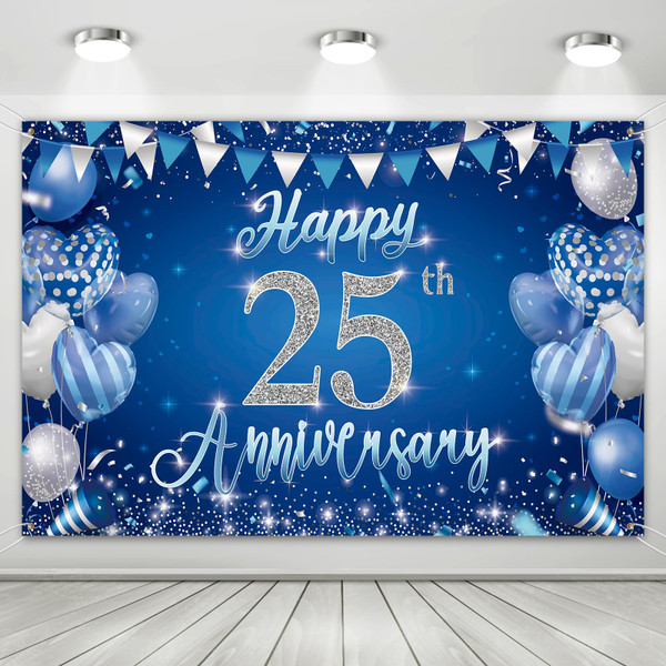 25th Anniversary Party Backdrop Banner, Blue and Silver Theme, Extra Large Photo Background Wall Decor, 70.8x47.2 Inch (Blue, 25th)