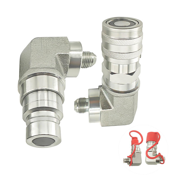 90 Degree Flat Face Hydraulic Quick Connect Coupler Set for Skid Steer,Elbow 3/8" JIC Male Thread and Dust Cap，Heavy-Duty Carbon Steel