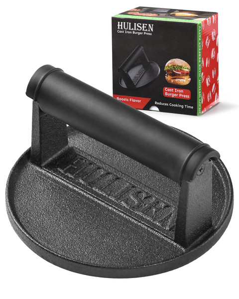 HULISEN 6" Pre-Seasoned Cast Iron Burger Press, 2.3 lb Heavy Burger Smasher