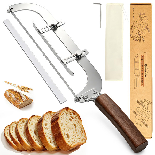 Qvamodo Upgraded Bread Knife for Homemade Bread, 6 Adjustable Thickness Bread Slicer, Ergonomic Bow-Design Serrated Bread Knife, Razor-Sharp Cutter for Crusty Sourdough & Baguette, Gift for Bakers