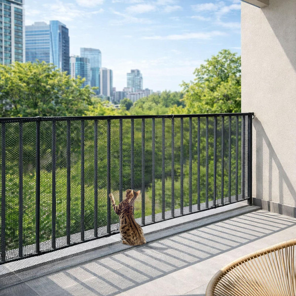 Gainspra 15ft x 3ft Balcony Netting for Pets - Heavy Duty Cat Balcony Net, Thickened Mesh Railing Protector for Apartment, Stairs, Deck Banister Guard with 45 Zip Ties & 25 Ropes, Black