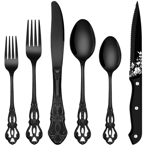 EUIRIO 48 Pieces Royal Black Silverware Set for 8, Retro Gorgeous Flatware Set with Steak Knives, Premium Stainless Steel Vintage Cutlery Set with Forks Spoons and Knives, Dishwasher Safe