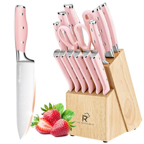Pink Knife Set,15 Pieces Professional Kitchen Knife Set with Universal Knife Block, Super Sharp Knife Set with Ergonomic Handle Non-stick Stainless Steel Knife Block Set (Pink-15 Pieces) Pink Knife Set,15 Pieces Professional Kitchen Knife Set with Universal Knife Block, Super Sharp Knife Set with Ergonomic Handle Non-stick Stainless Steel Knife Block Set (Pink-15 Pieces)