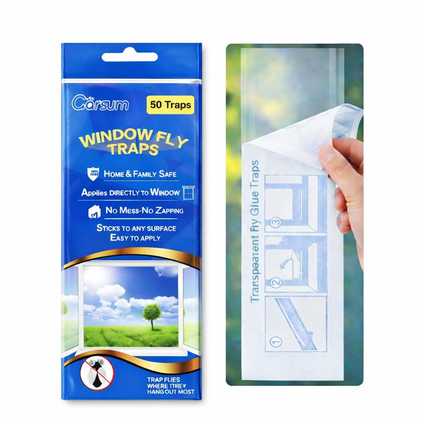 Garsum 50 Pack Window Fly Traps Indoor, Fly Paper Bug Sticky Strips, House Fly Killer Window Decal Non-Toxic