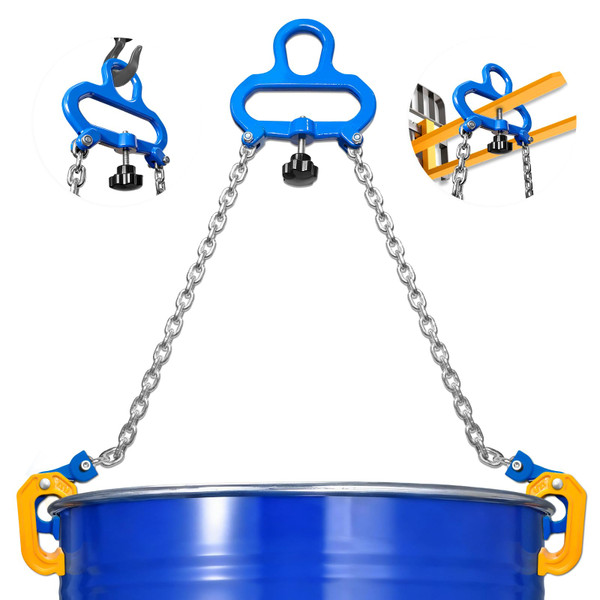 FITHOIST 55 Gallon Drum Lifter, 1Ton Barrel Lifting Chain for Steel & Plastic Drums, Barrel Clamp with 2 Spring-Loaded Locking Hooks, Fork Ring w/Stabilizer, Fits for Forklift & Crane