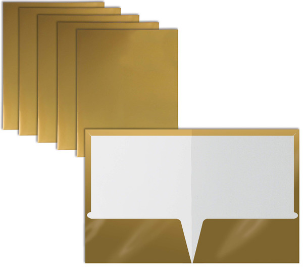 Better Office Products 2 Pocket Glossy Laminated Metallic Gold Paper Folders, Letter Size, 25 Pack, Paper Portfolios Box of 25