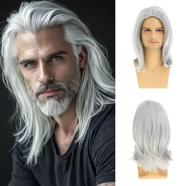 Sallcks Mens Wig White Long Straight Synthetic Heat Resistant Costume Cosplay Hair Wig