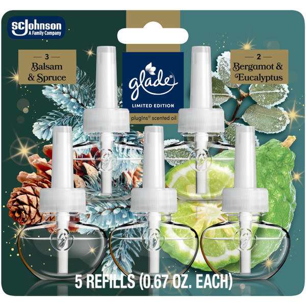Glade PlugIns Refills Air Freshener, Balsam & Spruce and Bergamot & Eucalyptus, Scented and Essential Oils for Home and Bathroom, 0.67 Fl Oz, 5 Count
