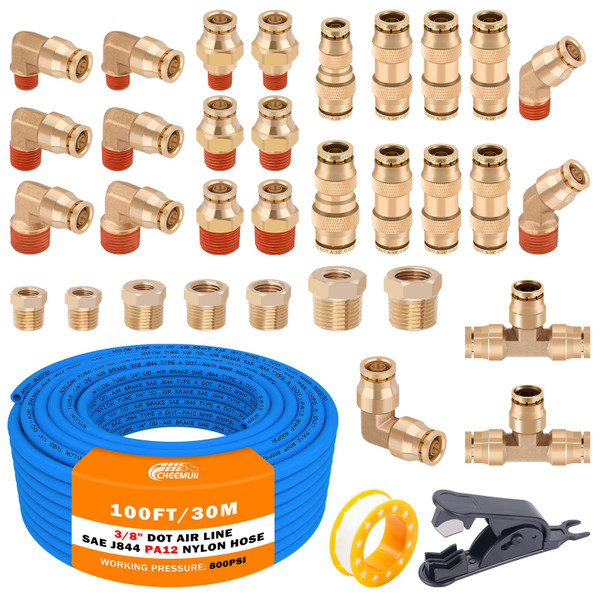 CheeMuii 35Pcs Brass DOT Air Line Fittings with 100FT 3/8" DOT Air Line Kit