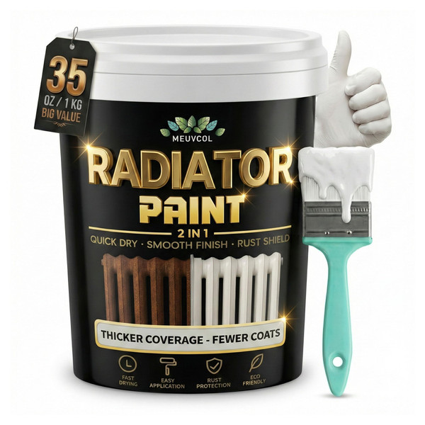 Meuvcol 2 in 1 Radiator Paint & Primer - 1000ml White Enamel Metal Paint for Radiators, Pipes & Towel Rails - Anti Rust Matte Touch Up Paint - Heat Resistant, Durable, Low Odor, Non-Yellowing